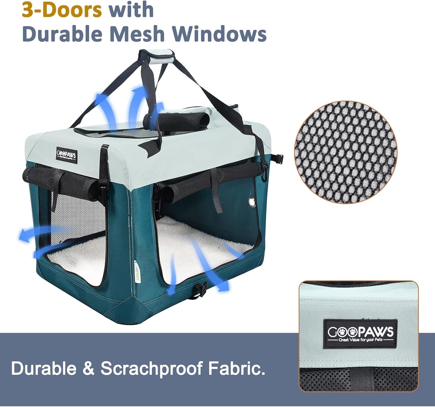 Soft Dog Crates Kennel for Pets, 3 Door Soft Sided Folding Travel Pet Carrier with Straps and Fleece Mat for Dogs, Cats, Shale Green, 36'' (8-Teal Blue, Large(30" L X 21" W X 23" H))