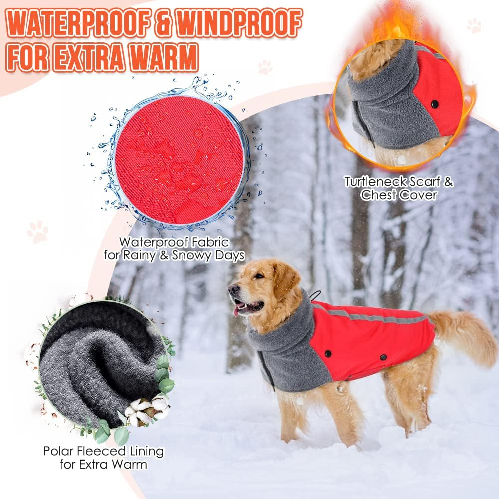 Winter Dog Coat, Warm Polar Fleece Lining Doggie Outdoor Jacket with Turtleneck Scarf Reflective Stripe Adjustable Waterproof Windproof Puppy Vest Soft Pet Outfits (M,Red)