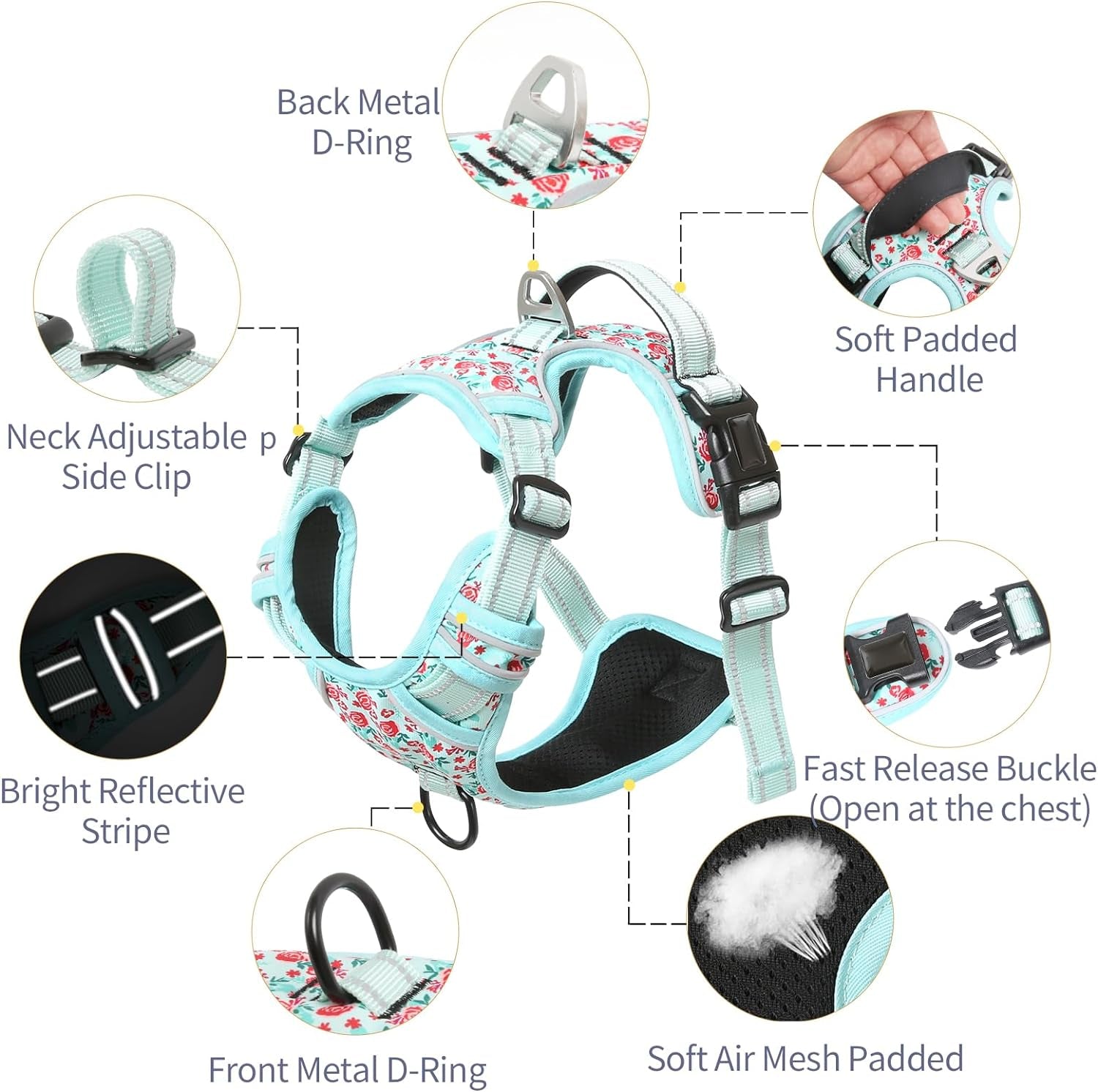 No Pull Dog Harness, Front Clip Dog Vest Harness for Small Dog, Reflective Adjustable Soft Padded Puppy Harness with 2 Metal Rings 2 Buckles, Easy Control Training Handle, Cyan, S