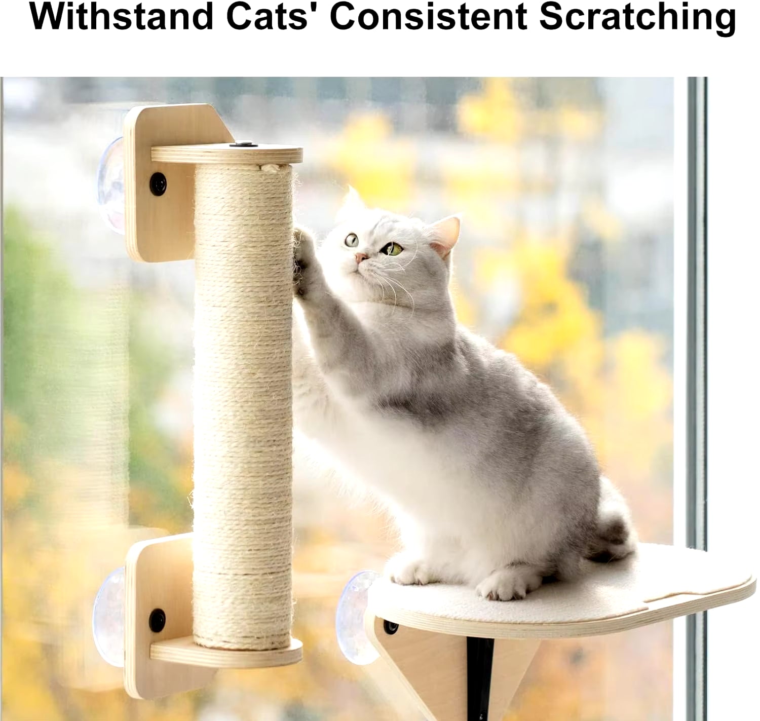 Cat Window Perch Hammock with Climbing Steps and Scratching Post Wooden Window Mounted Cat Bed for Indoor Cats