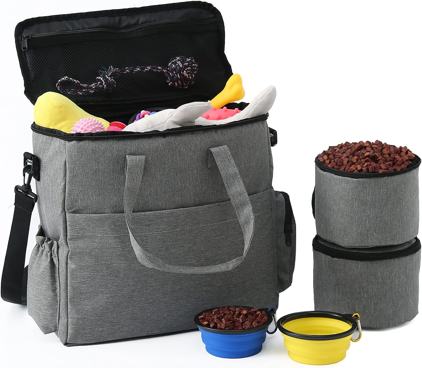 Dog Travel Bag Airline Approved Travel Set for Dogs of Stores All Your Dog Accessories - Includes Travel Bag, 2X Food Storage Containers and 2X Collapsible Dog Bowls (Grey)