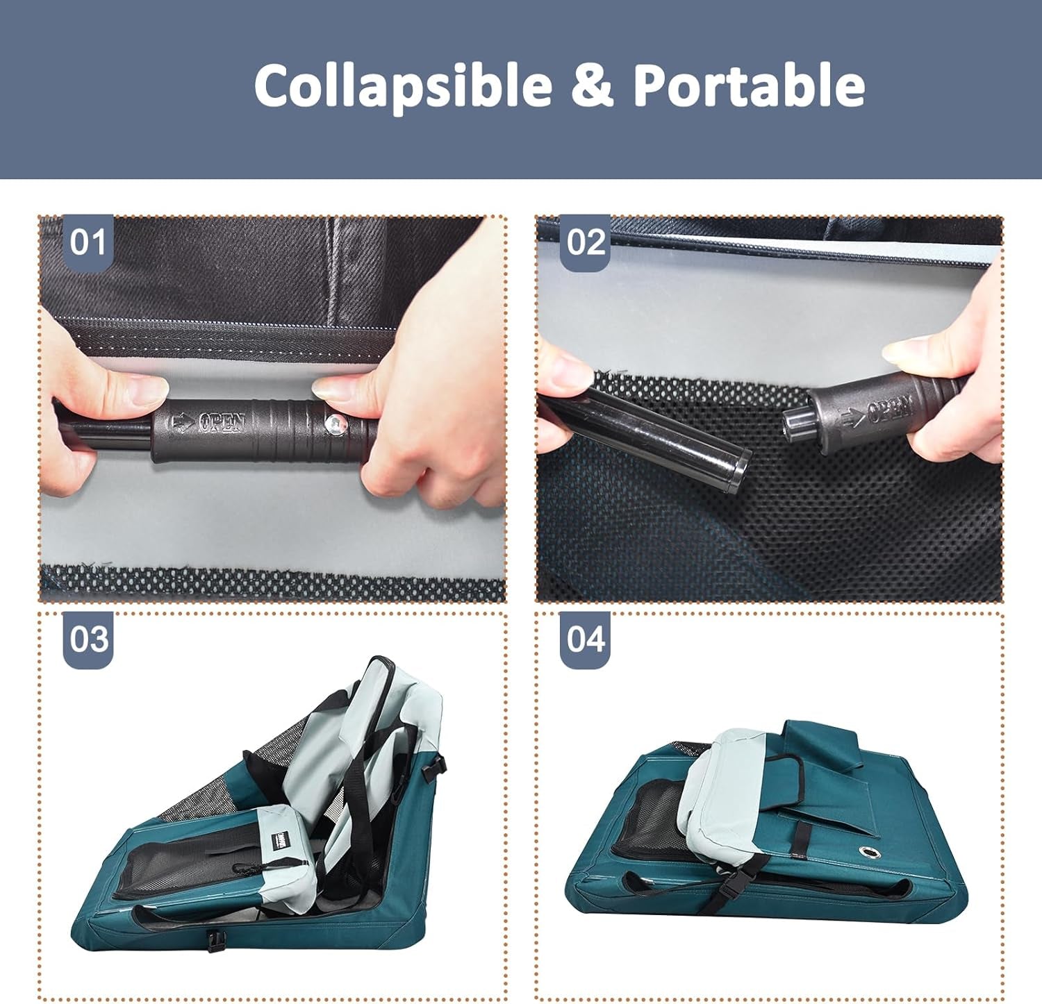 Soft Dog Crates Kennel for Pets, 3 Door Soft Sided Folding Travel Pet Carrier with Straps and Fleece Mat for Dogs, Cats, Shale Green, 36'' (8-Teal Blue, Large(30