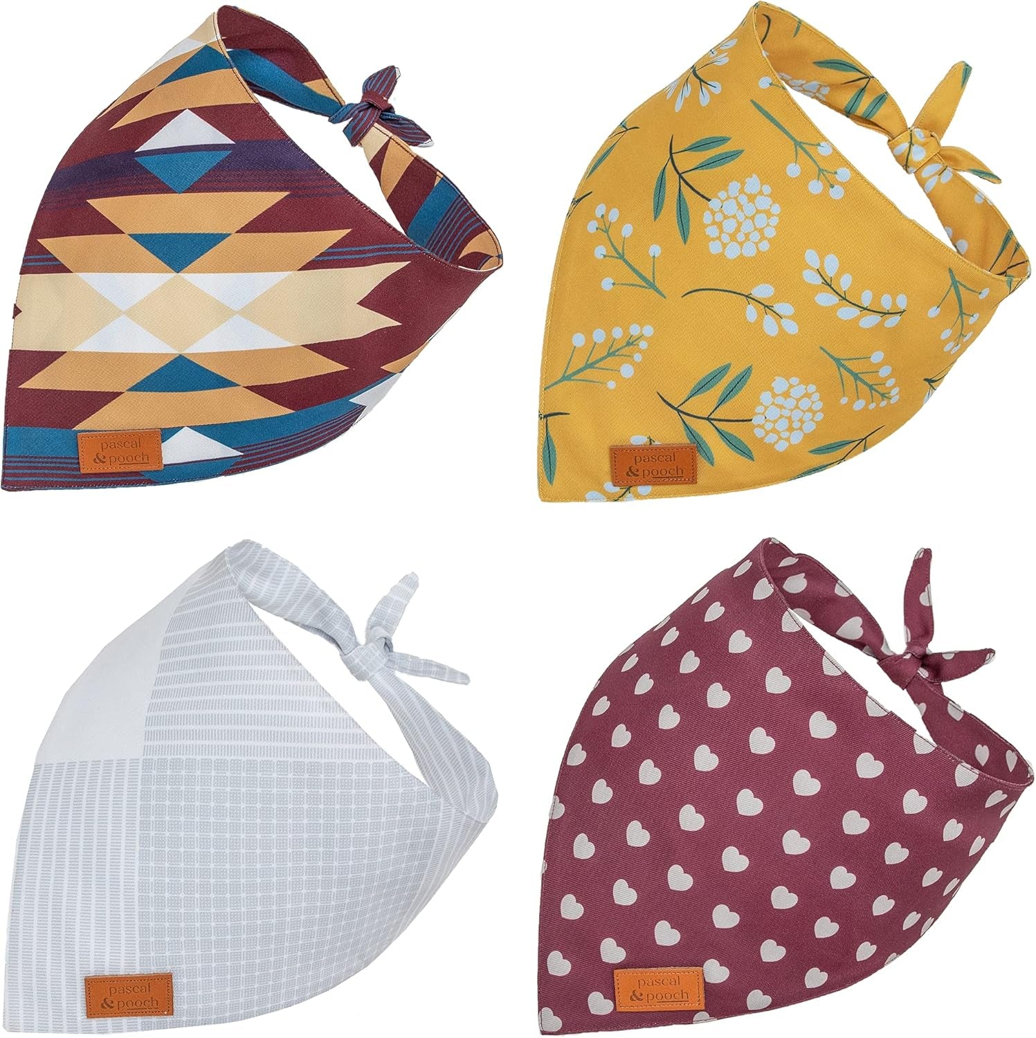 Pascal and Pooch Dog Bandanas Suitable for Medium & Large Dog Bandana Boy & Girl - Premium Adjustable Fabric Bandana for Dogs Reversible - Unique and Stylish Pack of 4 Durable Bandanas for Dogs