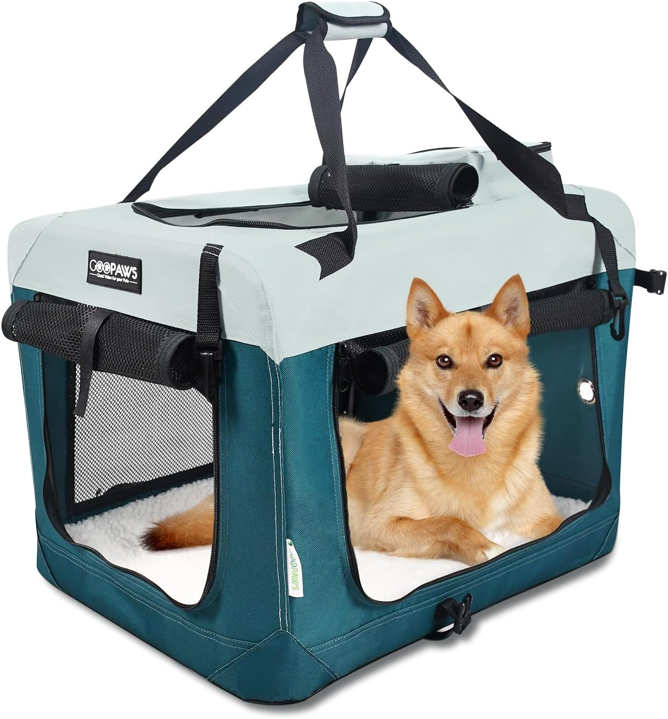 Soft Dog Crates Kennel for Pets, 3 Door Soft Sided Folding Travel Pet Carrier with Straps and Fleece Mat for Dogs, Cats, Shale Green, 36'' (8-Teal Blue, Large(30