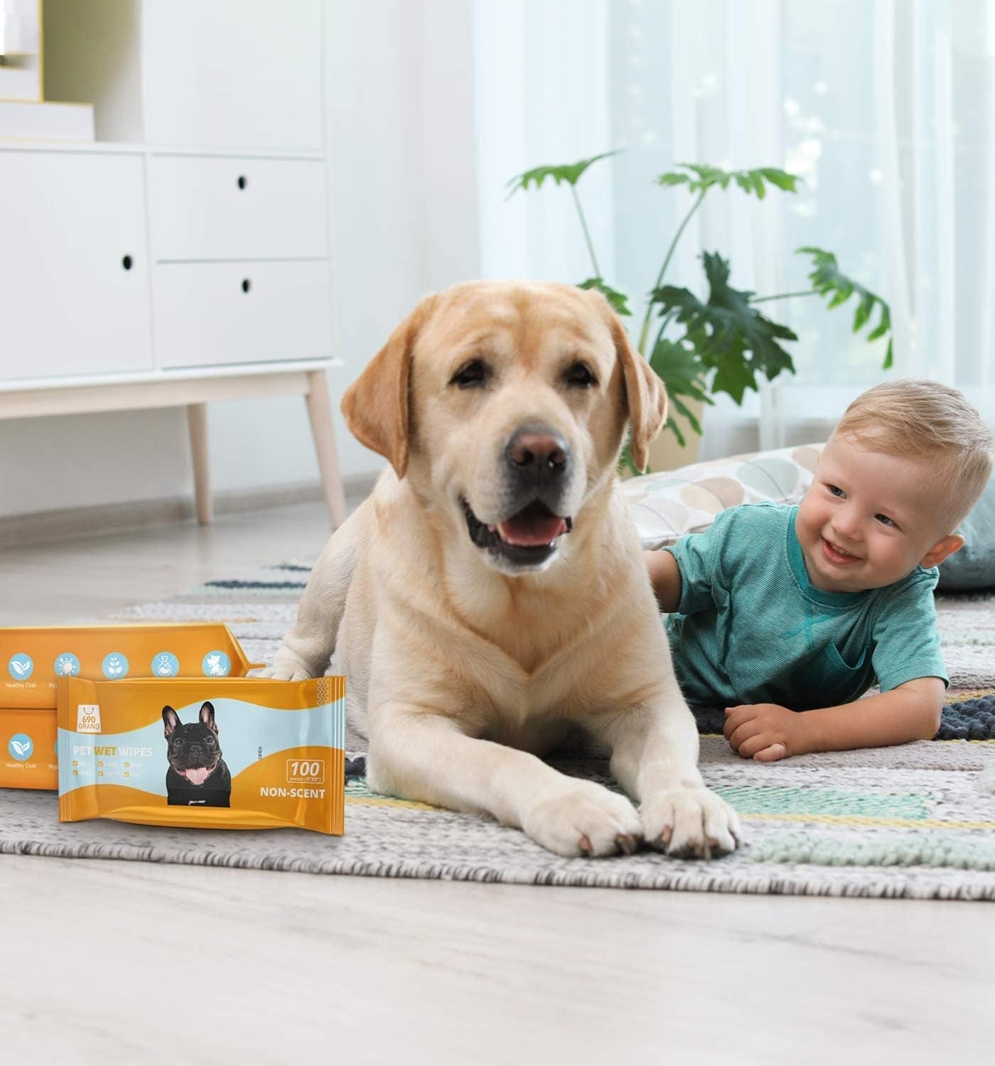 Deodorizing Hypoallergenic Pet Wipes with Fragrance Free Natural Organic for Cleaning Face Butt Eyes Ears Paws Teeth 100Ct per Pack (2 Pack)