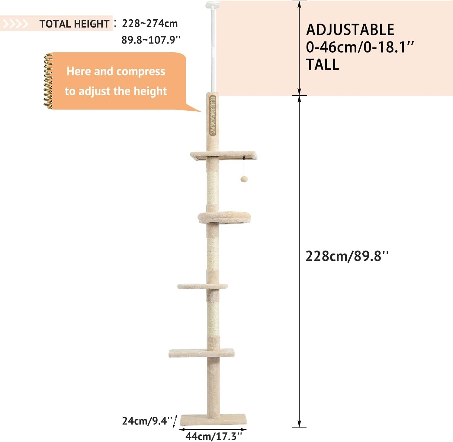 5-Tier Beige Cat Tree, 95-107 Inches, Scratching Post, Climbing Activity Structure for Indoor Cats