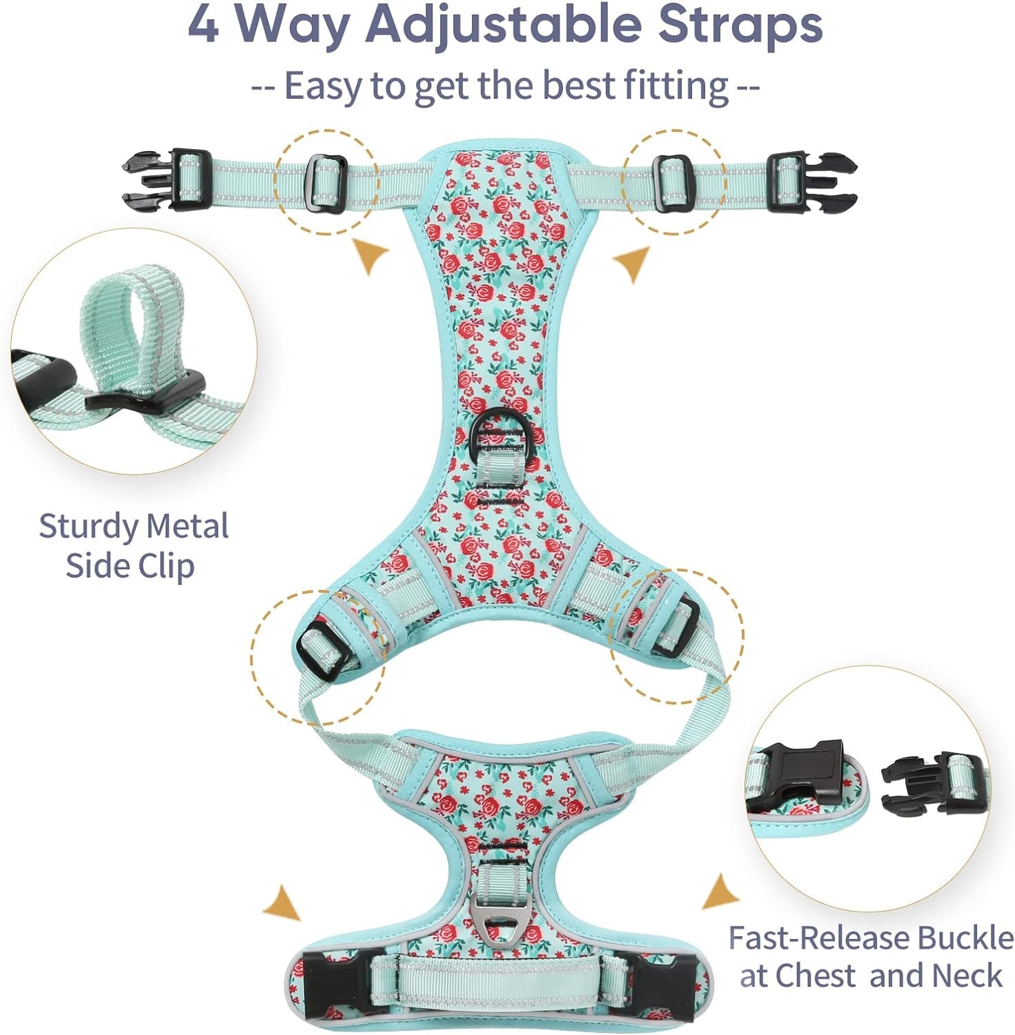 No Pull Dog Harness, Front Clip Dog Vest Harness for Small Dog, Reflective Adjustable Soft Padded Puppy Harness with 2 Metal Rings 2 Buckles, Easy Control Training Handle, Cyan, S