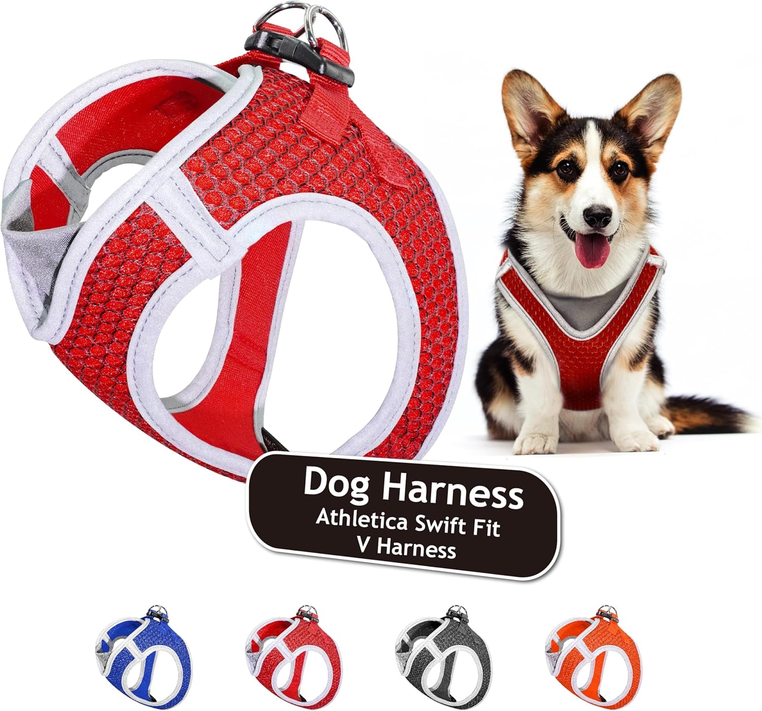 KZA308-14S Reflective V-Neck Step in Mesh Dog Harness - No Pull, Quick Fit, Comfortable, Velcro-Adjustable Pet Harnesses for Walking & Training - Small, Medium Dogs - Red, Small