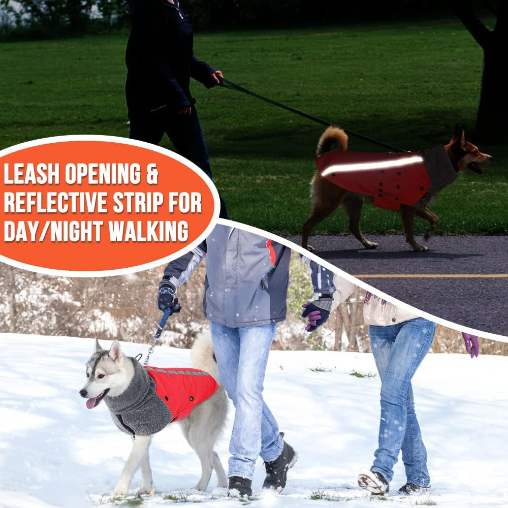 Winter Dog Coat, Warm Polar Fleece Lining Doggie Outdoor Jacket with Turtleneck Scarf Reflective Stripe Adjustable Waterproof Windproof Puppy Vest Soft Pet Outfits (M,Red)