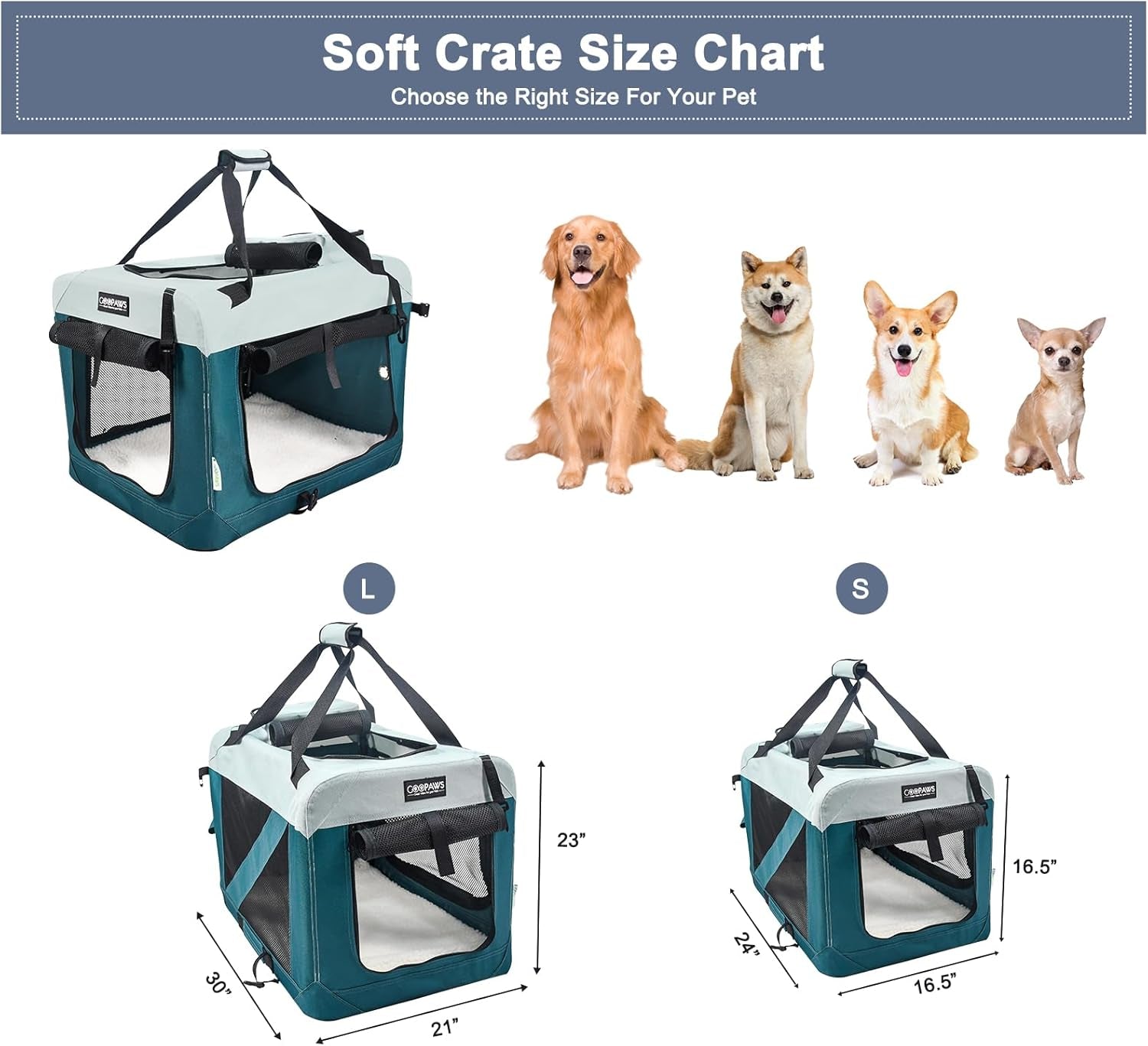 Soft Dog Crates Kennel for Pets, 3 Door Soft Sided Folding Travel Pet Carrier with Straps and Fleece Mat for Dogs, Cats, Shale Green, 36'' (8-Teal Blue, Large(30" L X 21" W X 23" H))