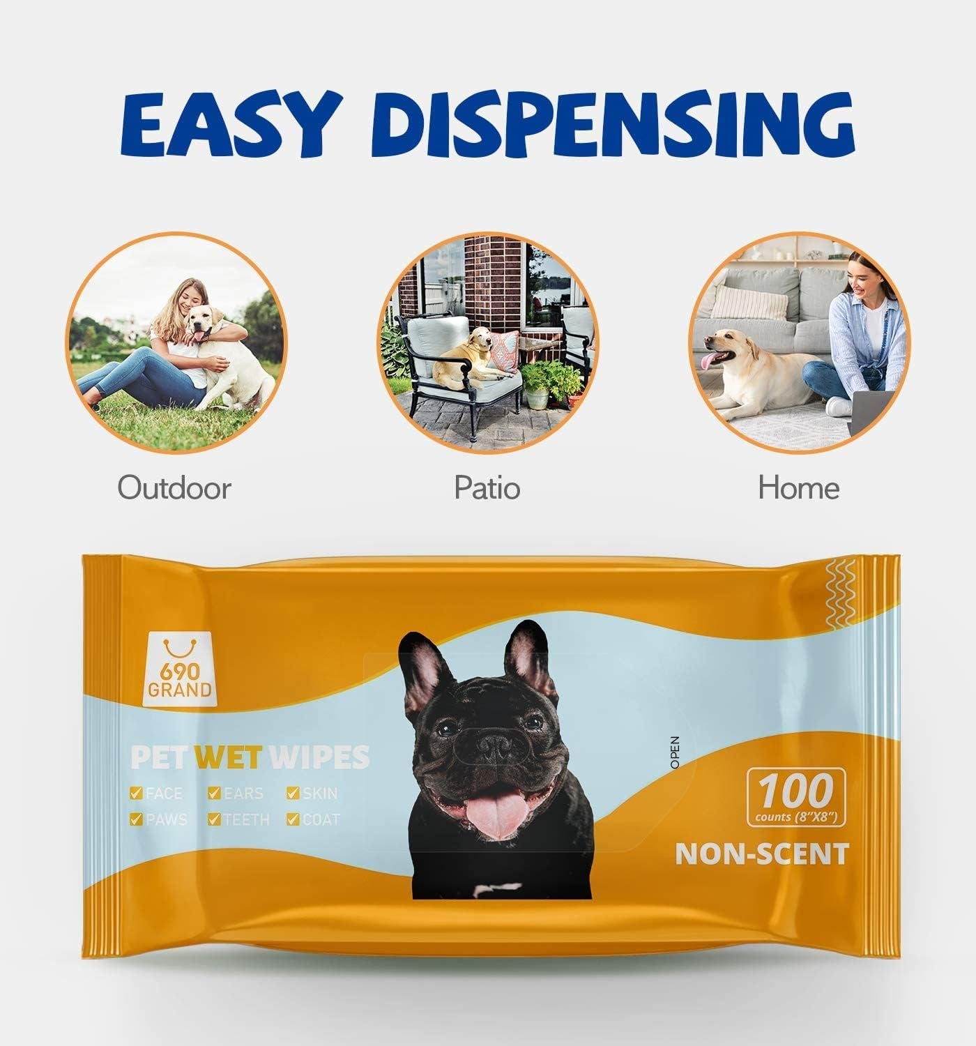 Deodorizing Hypoallergenic Pet Wipes with Fragrance Free Natural Organic for Cleaning Face Butt Eyes Ears Paws Teeth 100Ct per Pack (2 Pack)