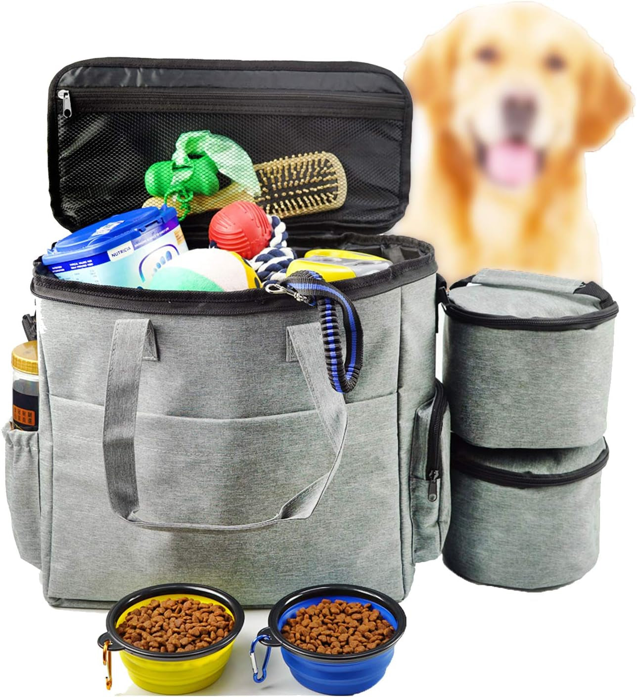 Dog Travel Bag Airline Approved Travel Set for Dogs of Stores All Your Dog Accessories - Includes Travel Bag, 2X Food Storage Containers and 2X Collapsible Dog Bowls (Grey)