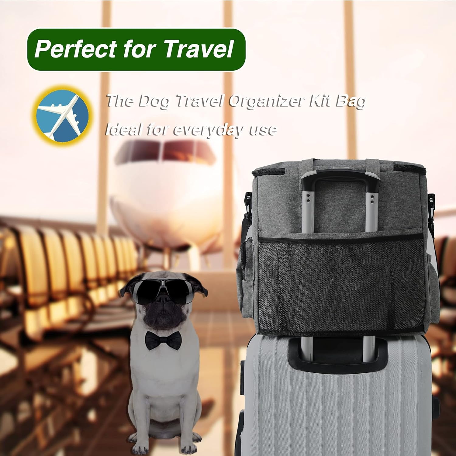Dog Travel Bag Airline Approved Travel Set for Dogs of Stores All Your Dog Accessories - Includes Travel Bag, 2X Food Storage Containers and 2X Collapsible Dog Bowls (Grey)