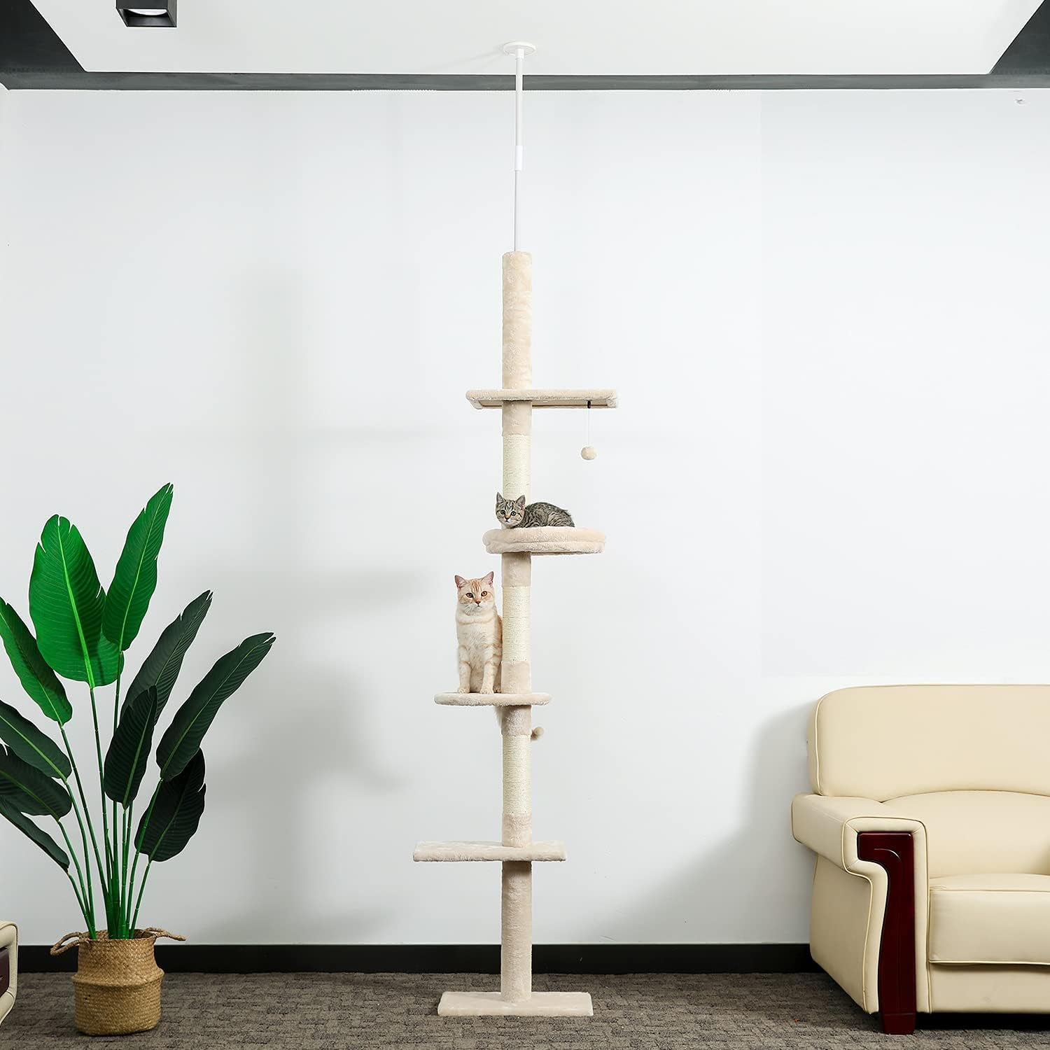 5-Tier Beige Cat Tree, 95-107 Inches, Scratching Post, Climbing Activity Structure for Indoor Cats