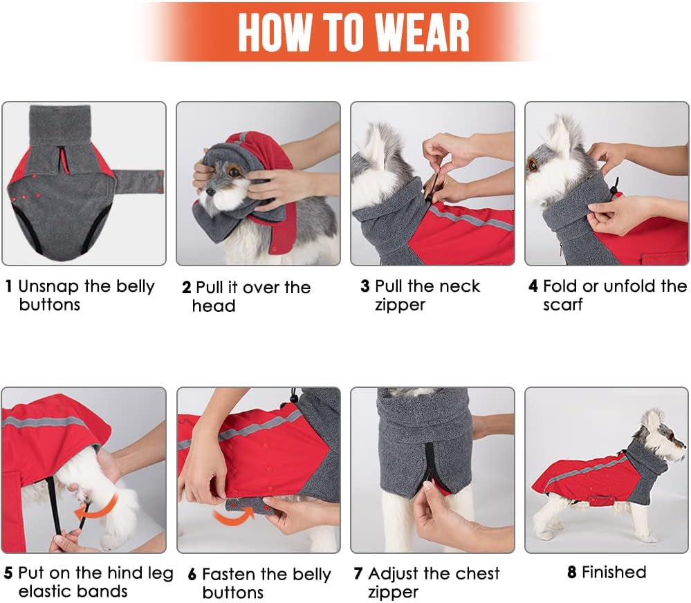 Winter Dog Coat, Warm Polar Fleece Lining Doggie Outdoor Jacket with Turtleneck Scarf Reflective Stripe Adjustable Waterproof Windproof Puppy Vest Soft Pet Outfits (M,Red)