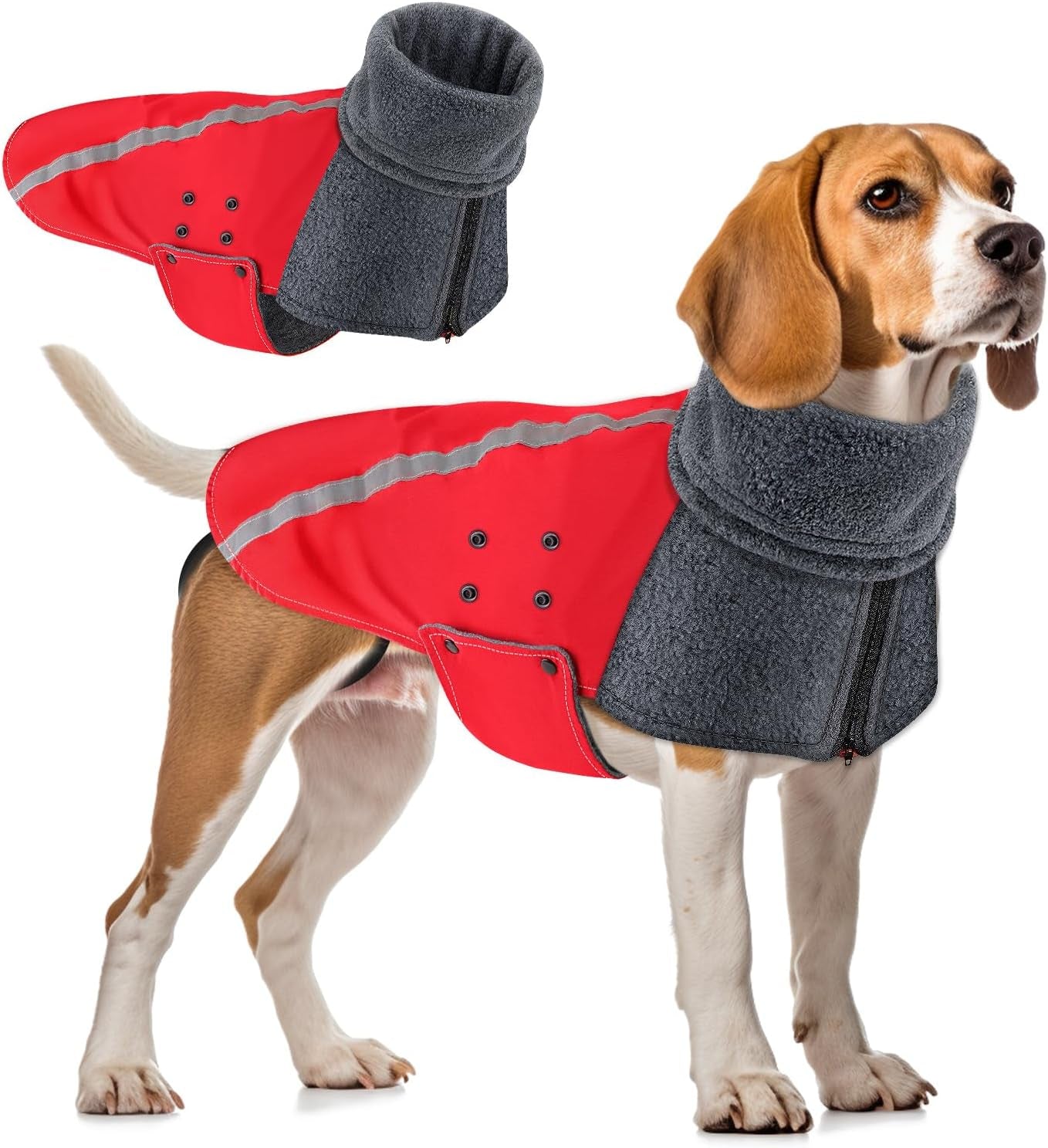 Winter Dog Coat, Warm Polar Fleece Lining Doggie Outdoor Jacket with Turtleneck Scarf Reflective Stripe Adjustable Waterproof Windproof Puppy Vest Soft Pet Outfits (M,Red)