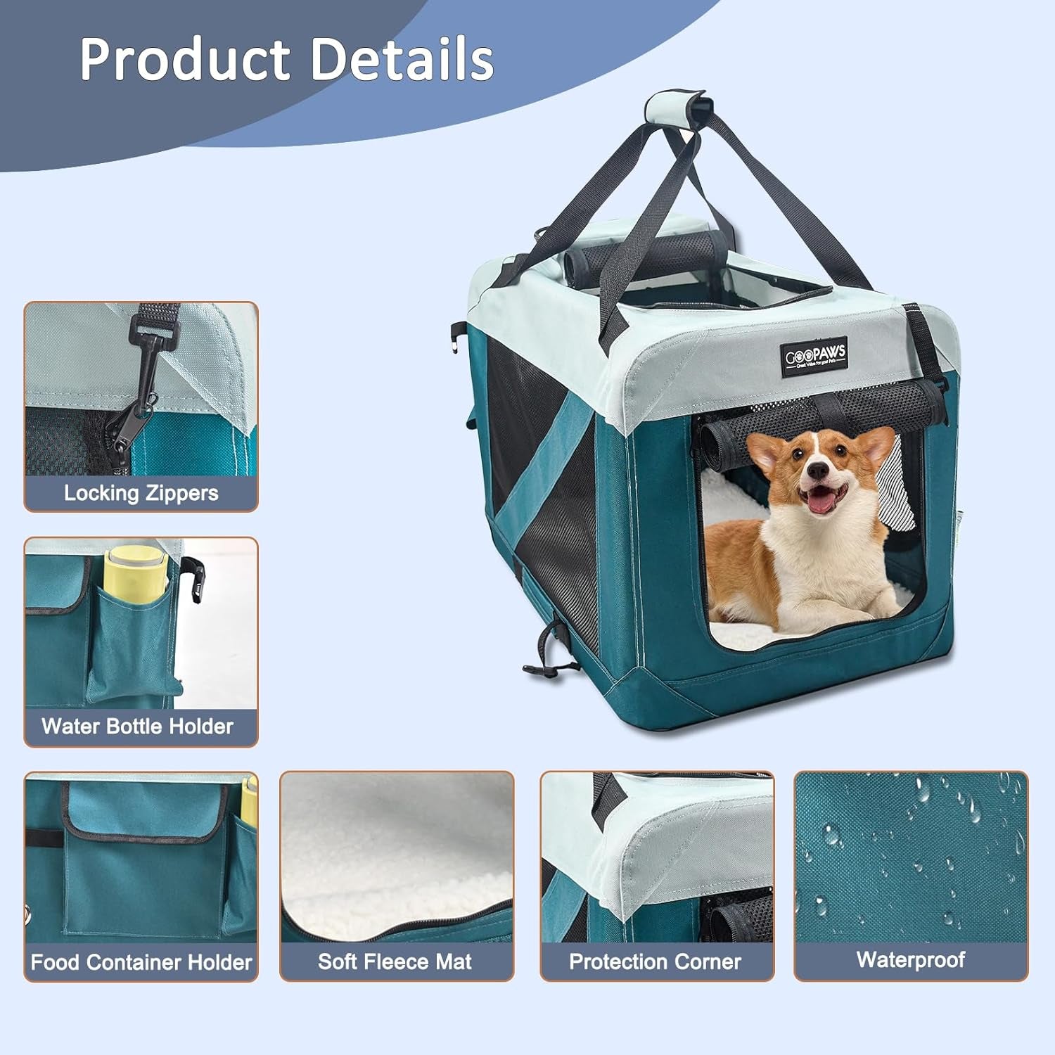 Soft Dog Crates Kennel for Pets, 3 Door Soft Sided Folding Travel Pet Carrier with Straps and Fleece Mat for Dogs, Cats, Shale Green, 36'' (8-Teal Blue, Large(30" L X 21" W X 23" H))