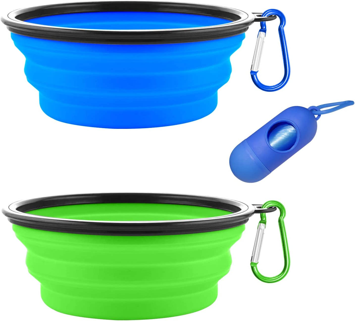 Collapsible Dog Bowls, Portable Travel Dog Bowls, Expandable for Cat Dog Water Bowls Food Feeding, 2 Pack Silicone Pet Bowls with Waste Bag Dispenser