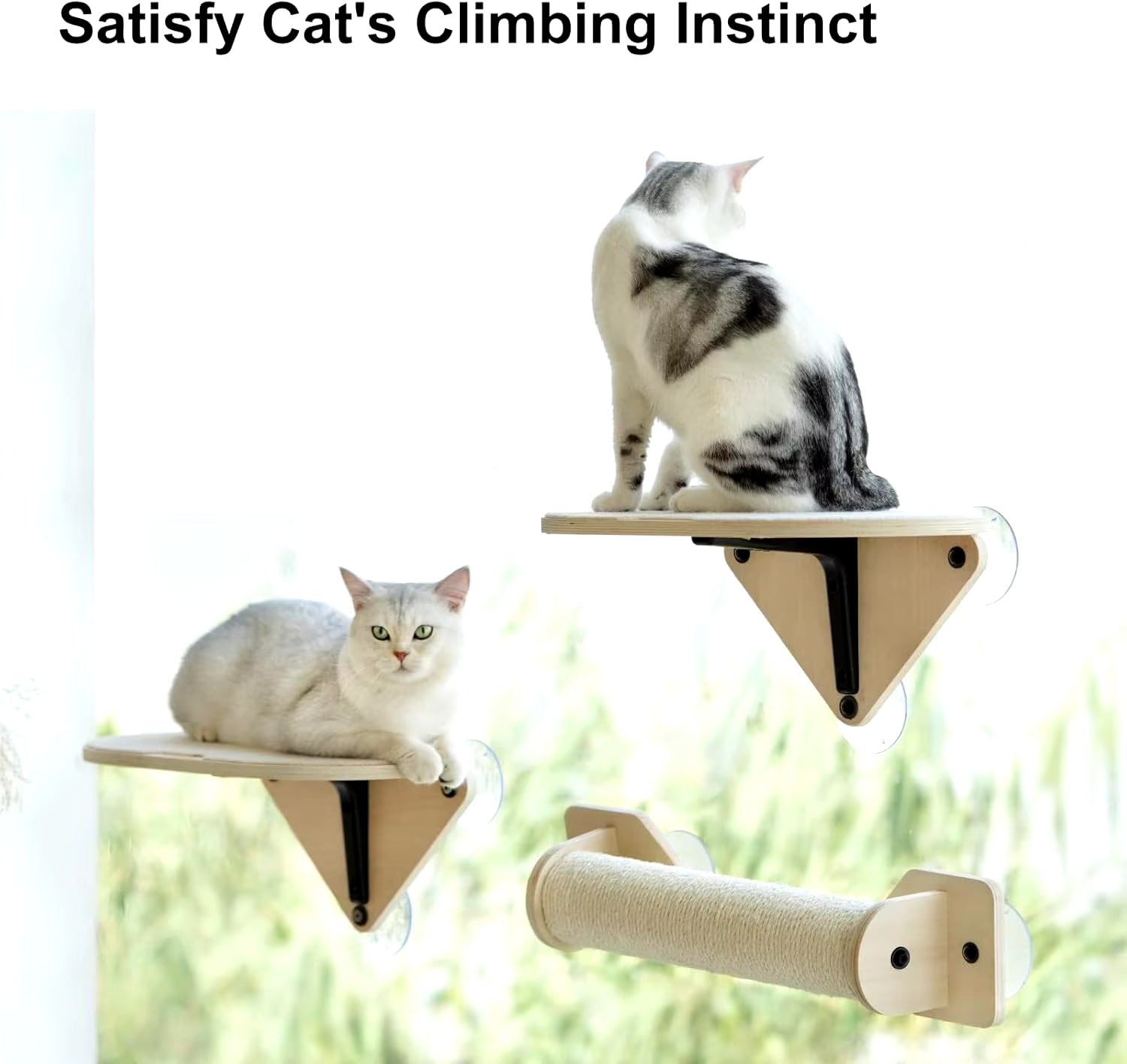 Cat Window Perch Hammock with Climbing Steps and Scratching Post Wooden Window Mounted Cat Bed for Indoor Cats