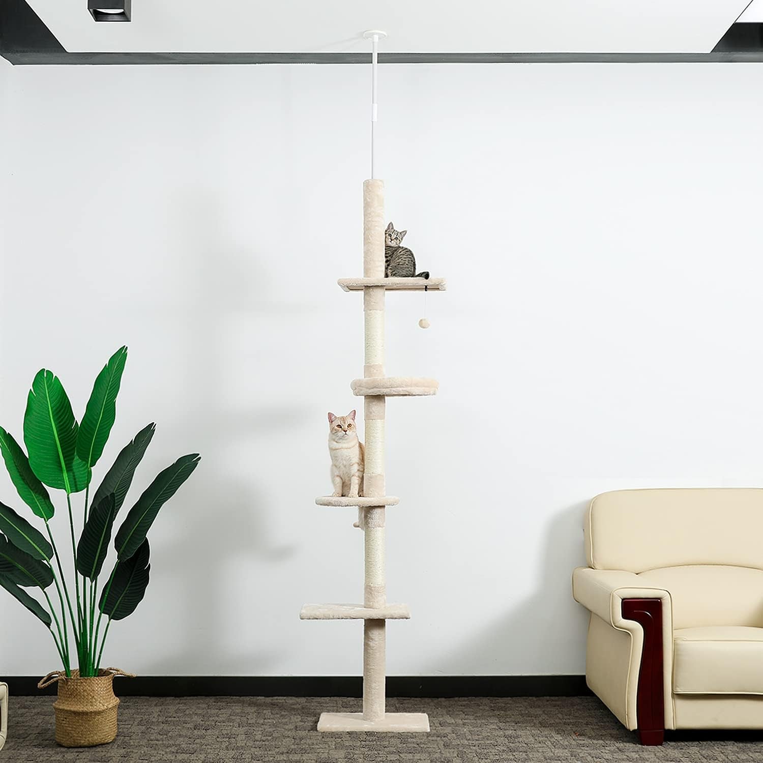 5-Tier Beige Cat Tree, 95-107 Inches, Scratching Post, Climbing Activity Structure for Indoor Cats