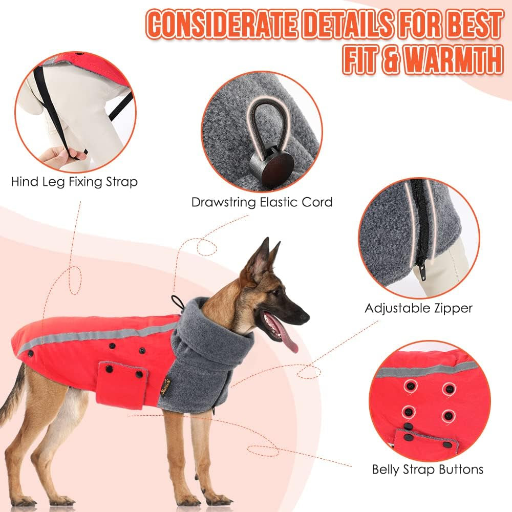 Winter Dog Coat, Warm Polar Fleece Lining Doggie Outdoor Jacket with Turtleneck Scarf Reflective Stripe Adjustable Waterproof Windproof Puppy Vest Soft Pet Outfits (M,Red)