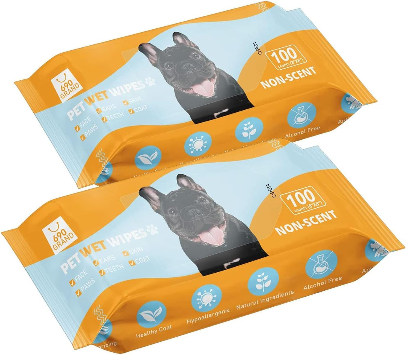 Deodorizing Hypoallergenic Pet Wipes with Fragrance Free Natural Organic for Cleaning Face Butt Eyes Ears Paws Teeth 100Ct per Pack (2 Pack)