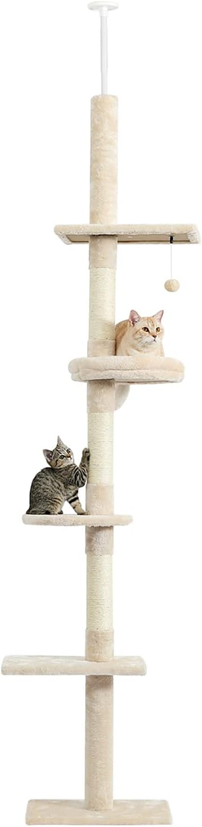 5-Tier Beige Cat Tree, 95-107 Inches, Scratching Post, Climbing Activity Structure for Indoor Cats