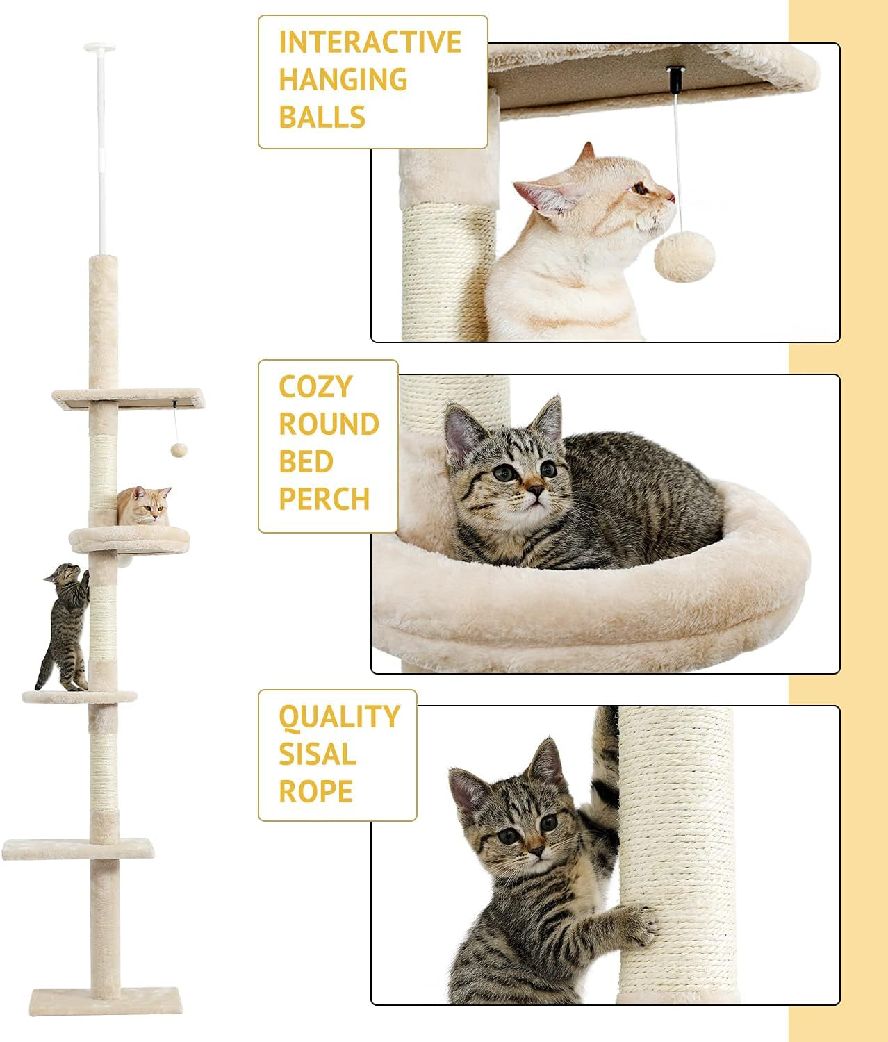 5-Tier Beige Cat Tree, 95-107 Inches, Scratching Post, Climbing Activity Structure for Indoor Cats