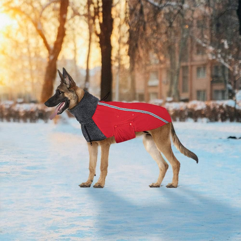 Winter Dog Coat, Warm Polar Fleece Lining Doggie Outdoor Jacket with Turtleneck Scarf Reflective Stripe Adjustable Waterproof Windproof Puppy Vest Soft Pet Outfits (M,Red)