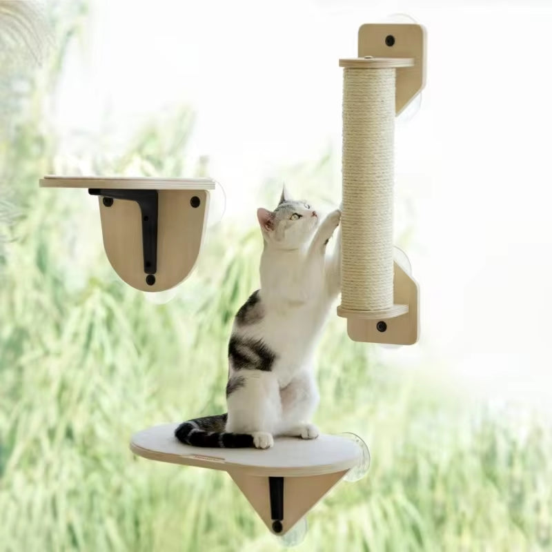 Cat Window Perch Hammock with Climbing Steps and Scratching Post Wooden Window Mounted Cat Bed for Indoor Cats